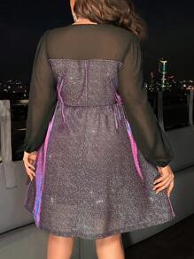 Celure Hơn Lưới tương phản Tay áo lồng đèn Nút phía trước Váy sequin - Nhiều màu - Xem 2