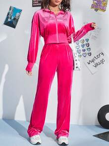 SHEIN Qutie 水鑽字母圖案落肩袖連帽衫和褲子 - 玫紅色 - 查看 5