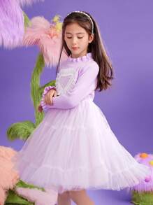 女大童愛心圖案褶邊網紗覆蓋洋裝