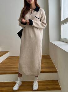 DAZY 拼接領落肩袖口袋貼布毛衣洋裝