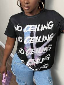 Slaydiva Đồ họa Khẩu hiệu Áo thun - màu đen - Xem 3