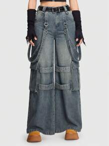 ROMWE Grunge Punk 带盖口袋阔腿牛仔裤（无腰带）学校款 - 霧霾藍 - 查看 1