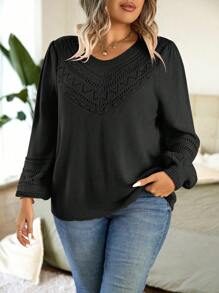 Easura Plus Pointelle Knit Lantern Sleeve Sweater, For Winter Knit Pullover Fall Sweater - Black - View 7