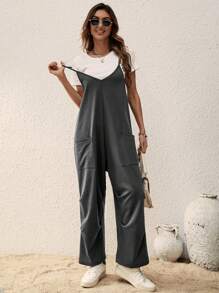 SHEIN LUNE Mono de tirantes de pierna ancha con doble bolsillo sin camiseta - Gris - Ver 6