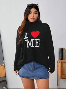 SHEIN EZwear 大碼心&字母圖案高領落肩袖套頭毛衣 - 黑色 - 查看 1