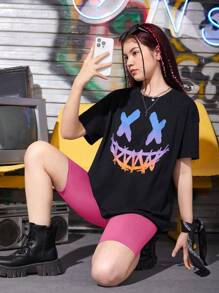 SHEIN 少女卡通圖案落肩 T 恤和機車短褲 - 玫紅色 - 查看 1