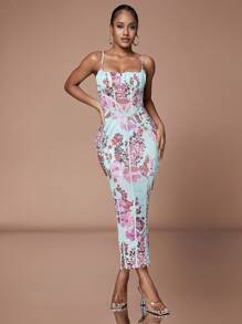 Vestido Ceñido De Tirantes Con Estampado Floral - Rosa - Ver 1