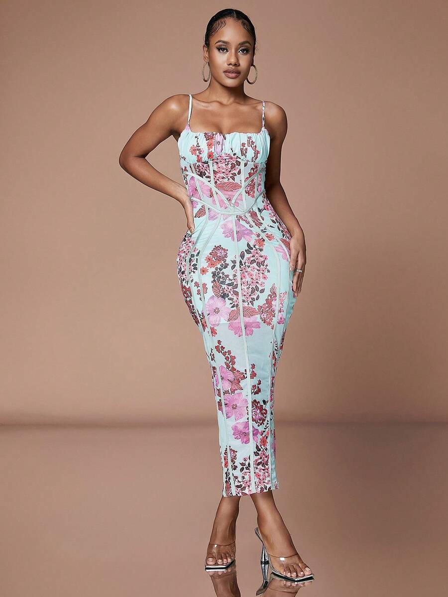 Vestido Ceñido De Tirantes Con Estampado Floral - Rosa - Ver 1