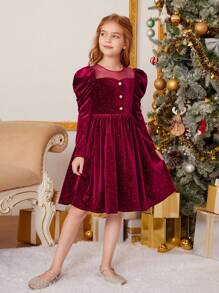 女大童網紗肩部羊腿袖金屬亮絲絲絨派對禮服適用於聖誕