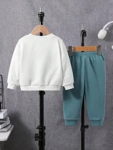 SHEIN 男嬰標語圖案衛衣和衛褲 - 藍白色 - 查看 2