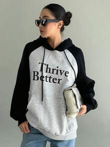 DAZY Letter Graphic Raglan Sleeve Drawstring Hoodie - Grey - View 4