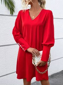 EMERY ROSE Button Back Gigot Sleeve Tunic Dress For New Year Clothes - Red - View 3