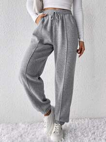 SHEIN Frenchy Women's Solid Color Elastic Waist Drawstring Pocket Sweatpants Winter - Grey - View 5