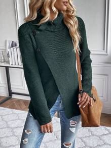 SHEIN LUNE 高领交叉裹身下摆针织套头衫秋冬毛衣 - 綠色 - 查看 1