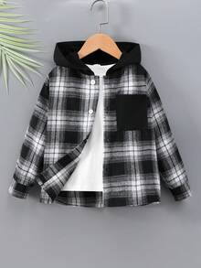 SHEIN 男小童格子和標語圖案連帽襯衫