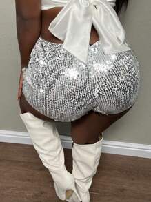 Slaydiva Solid Color Sexy Skinny Sequin Shorts For Party - Silver - View 2