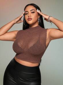 SHEIN ICON Plus Mock Neck Crop Knit Top Without Bra - Brown - View 5