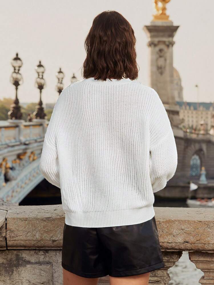 Guipure Lace Insert Drop Shoulder Sweater Winter White Casual