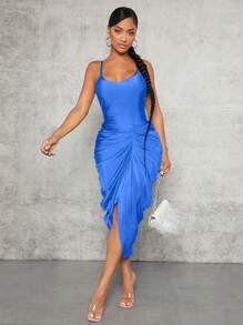 SHEIN SXY Solid Ruched Front Cami Dress - Royal Blue - View 5