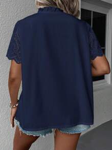 SHEIN Clasi Plus Contrast Guipure Lace Frill Neck Blouse - Navy Blue - View 2