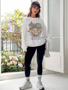 SHEIN Qutie 標語和圖案圖案落肩運動衫 - 白色 - 查看 4