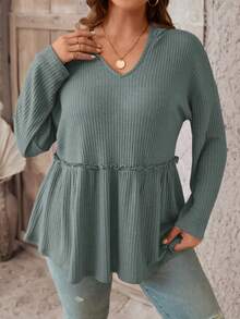 SHEIN LUNE 大碼落肩袖連帽荷葉邊下擺T恤 - 墨綠色 - 查看 2