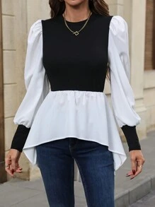 Chiquease 兩色燈籠袖荷葉邊上衣 - 黑與白 - 查看 3