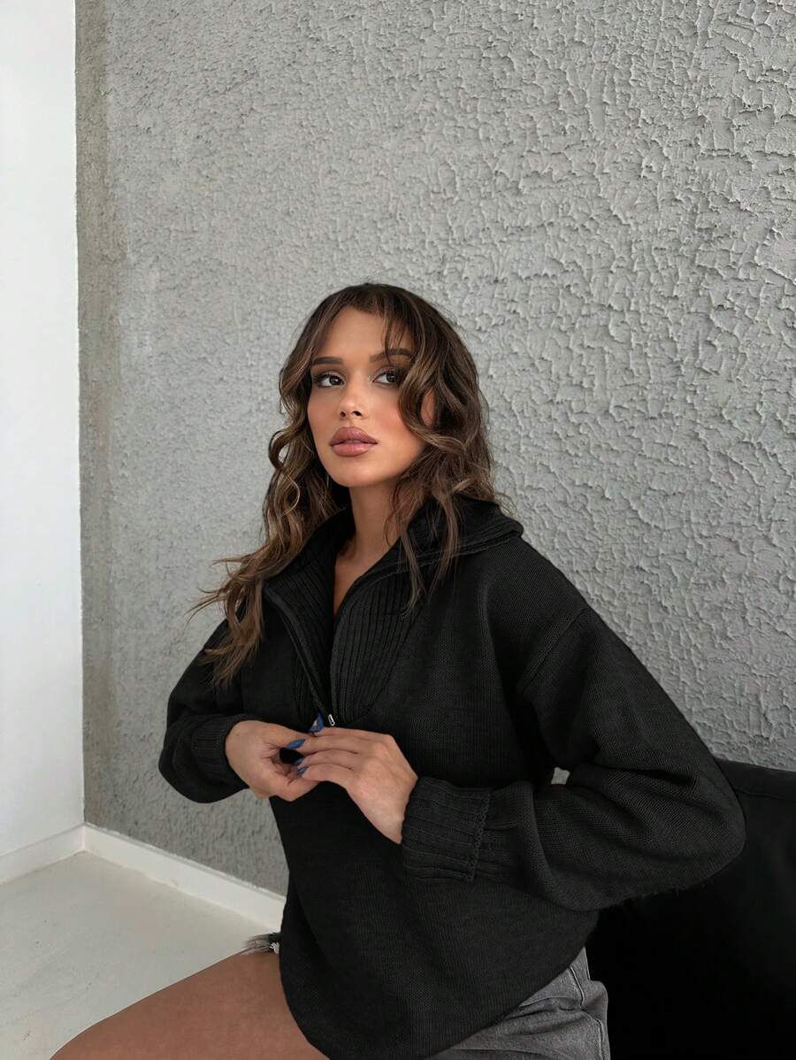 EURMUSE Half Zip Drop Shoulder Oversized Sweater - Black - View 1