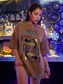 SHEIN Unity Áo thun Đồ họa Giải trí - Cà phê nâu - Xem 7