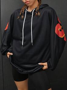 SHEIN EZwear 標語圖案蝙蝠袖抽繩連帽衫 - 黑色 - 查看 6