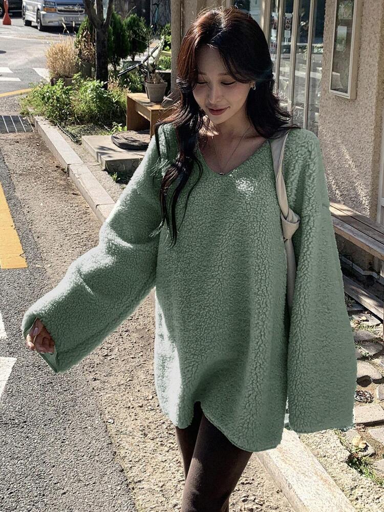 Solid Drop Shoulder Oversized Fleece Tee Long Sleeve Women Tops