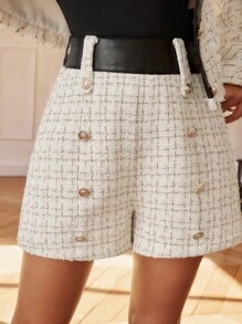 SHEIN Frenchy Plaid Pattern Double Breasted Tweed Shorts