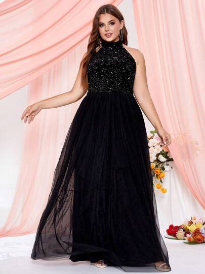 Plus Contrast Sequin Mesh Formal Dress