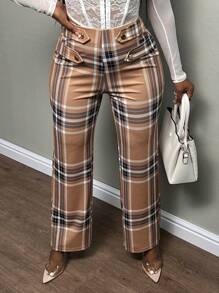 Slaydiva Plaid Print Button Detail Flare Leg Pants - Multicolor - View 5
