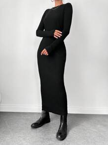 RueChic Solid Ribbed Knit Bodycon Dress Without Belt - Black - View 5