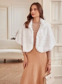 SHEIN Privé Solid Crop Cape Fuzzy Coat - White - View 4