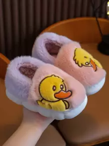 兒童可愛鴨子設計居家拖鞋，前後柔軟，適合冬季 - 粉色 - 查看 1