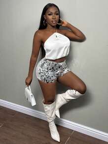 Slaydiva Solid Color Sexy Skinny Sequin Shorts For Party - Silver - View 6