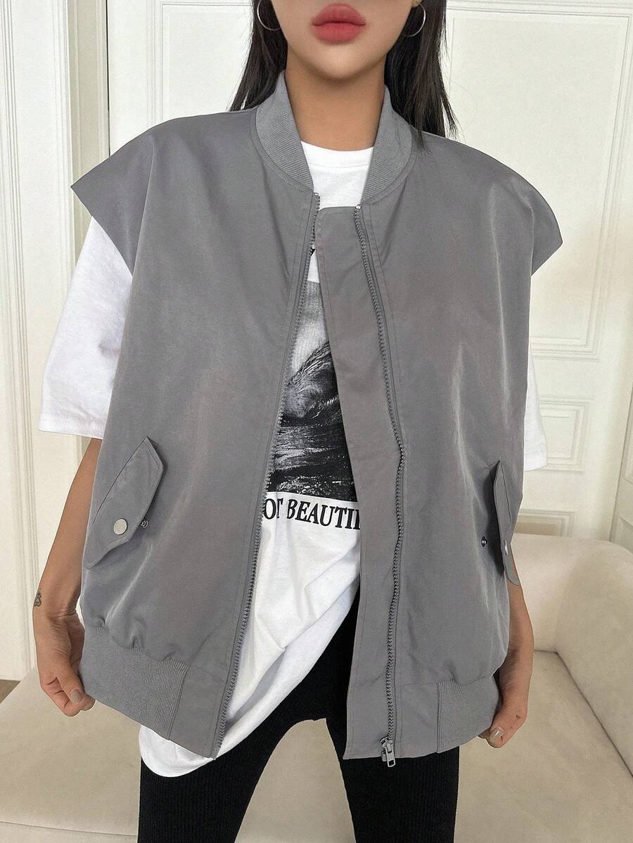 DAZY Áo khoác vest có dây kéo có nắp - Xám - Xem 1