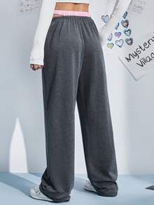 SHEIN EZwear Pantalones de pierna ancha de cintura con cordón con bolsillo oblicuo - Multicolor - Ver 2