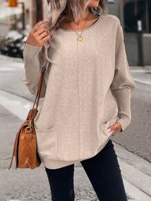 SHEIN LUNE Batwing Sleeve Pocket Patched Sweater - Pink - View 3