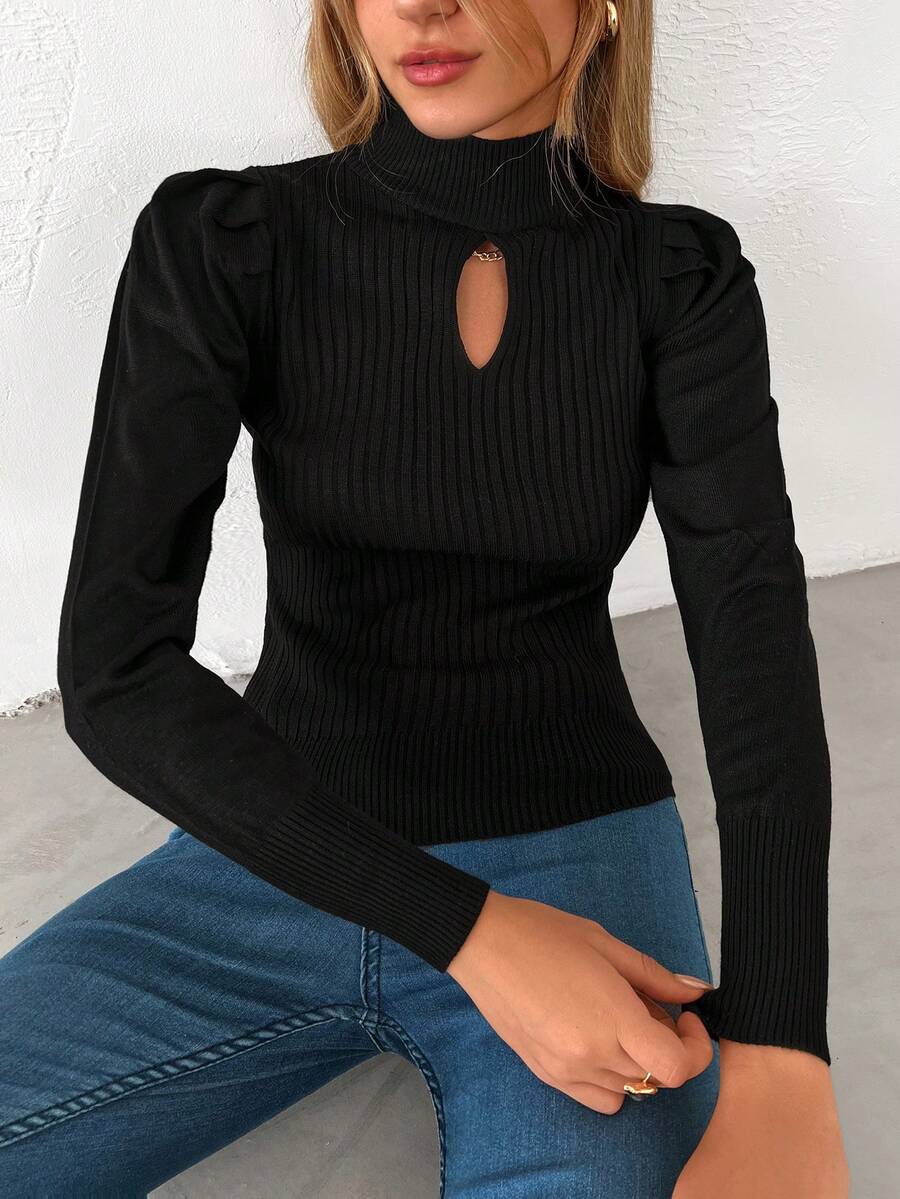 SHEIN Cottnline Cut Out Front Mock Neck Sweater - Black - View 1