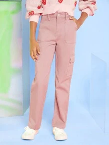 Tween Girl Flap Pocket Side Cargo Jeans - Dusty Pink - View 4