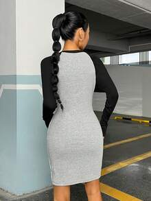 SHEIN EZwear 字母圖案插肩袖緊身洋裝 - 灰色 - 查看 4