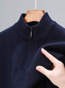男士四分之一拉链长袖毛衣，保暖 - 藏蓝色 - 查看 3