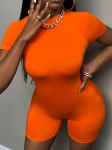 Slaydiva Solid Raglan Sleeve Unitard Romper - Orange - View 1