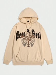 ROMWE MEN Goth Men Letter Graphic Drawstring Hoodie - Apricot - View 1