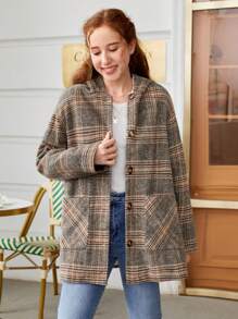 SHEIN Teen Girl 1pc Plaid Dual Pocket Teddy Lined Hooded Overcoat