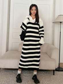 DAZY Vestido de suéter con hombros caídos y estampado de rayas, ropa de mujer de otoño - Blanco y Negro - Ver 5