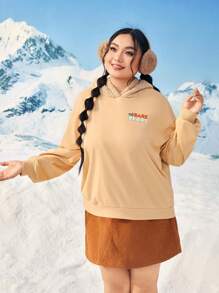 We Bare Bears X SHEIN 加大码卡通字母图案落肩卫衣 - 卡其色 - 查看 6